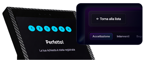 Totem di accettazione Ariaa con schermata di conferma richiesta registrata, affiancato dal pannello amministrativo con dettaglio commessa